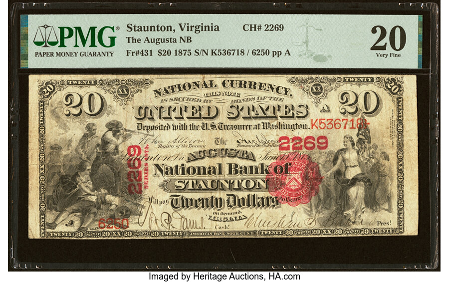 image for: Staunton, VA - $20 1875 Fr. 431 The Augusta National Bank Ch. # 2269 PMG Very Fine 20....