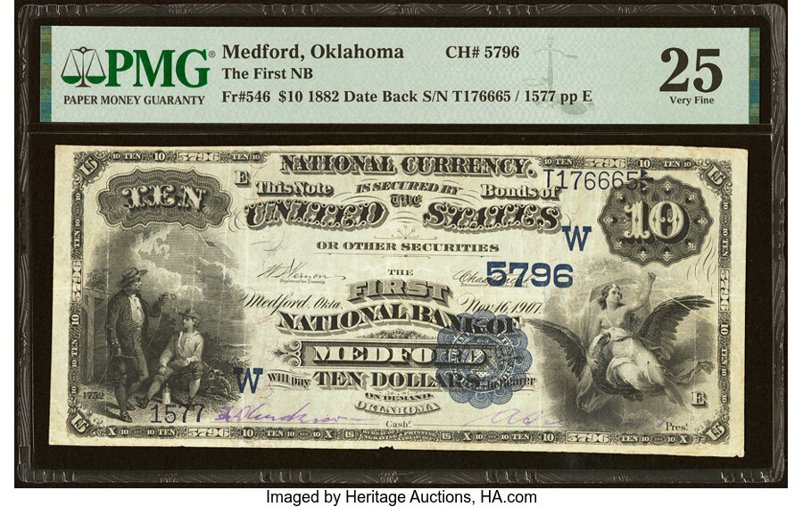 image for: Medford, OK - $10 1882 Date Back Fr. 546 The First National Bank Ch. # (W)5796 PMG Very Fine 25....