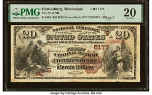 image for: Hattiesburg, MS - $20 1882 Brown Back Fr. 504 The First National Bank Ch. # (S)5177 PMG Very Fine 20....