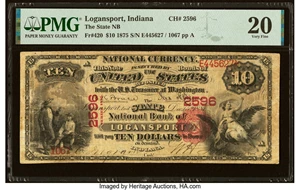 image for: Logansport, IN - $10 1875 Fr. 420 The State National Bank Ch. # 2596 PMG Very Fine 20....