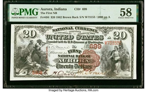 image for: Aurora, IN - $20 1882 Brown Back Fr. 494 The First National Bank Ch. # 699 PMG Choice About Unc 58....