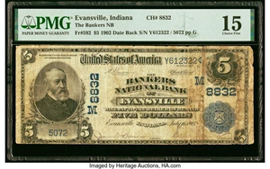 image for: Evansville, IN - $5 1902 Date Back Fr. 592 The Bankers National Bank Ch. # (M)8832 PMG Choice Fine 15....