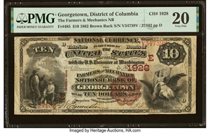 image for: Georgetown, DC - $10 1882 Brown Back Fr. 485 The Farmers & Mechanics National Bank Ch. # (E)1928 PMG Very Fine 20....