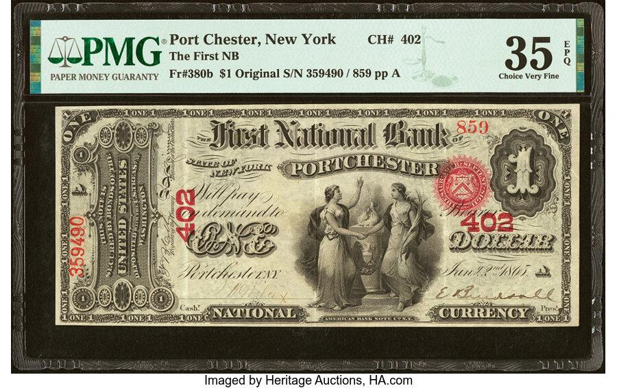 image for: Port Chester, NY - $1 Original Fr. 380b The First National Bank Ch. # 402 PMG Choice Very Fine 35 EPQ....
