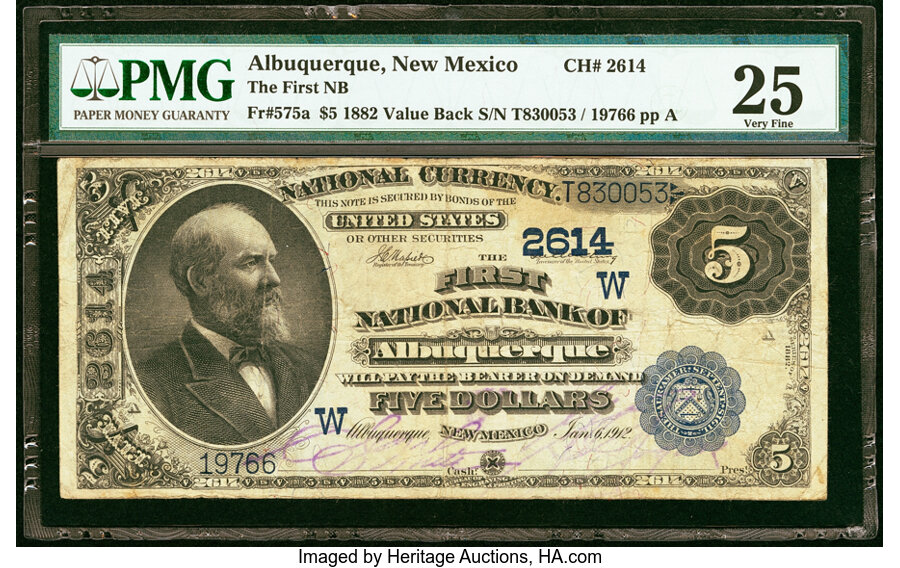 image for: Albuquerque, NM - $5 1882 Value Back Fr. 575a The First National Bank Ch. # (W)2614 PMG Very Fine 25....