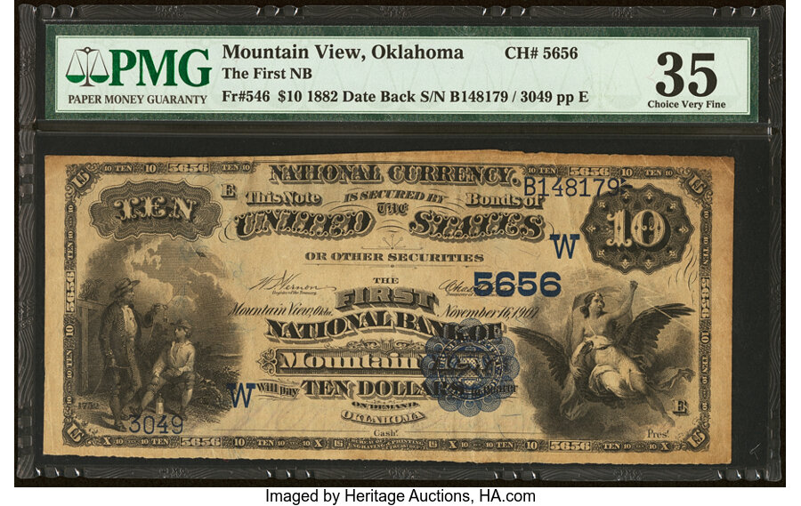 image for: Mountain View, OK - $10 1882 Date Back Fr. 546 The First National Bank Ch. # (W)5656 PMG Choice Very Fine 35....