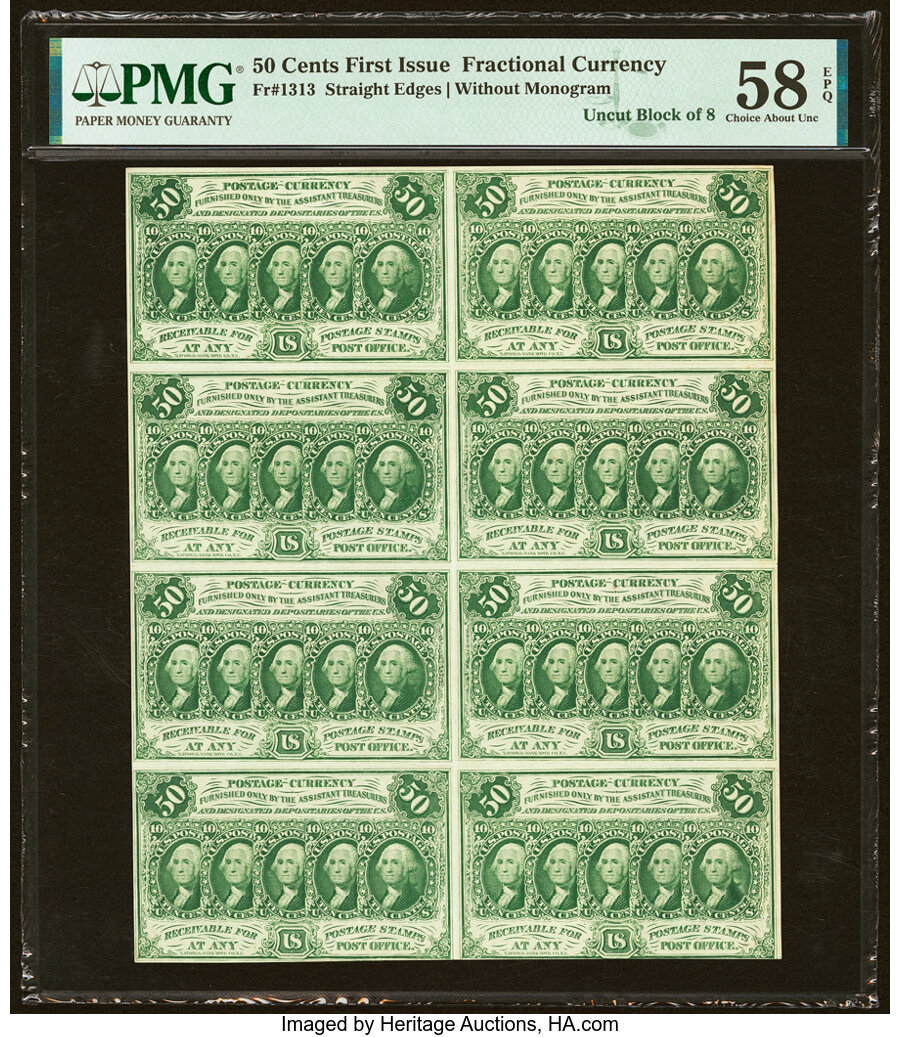 image for: Fr. 1313 50¢ First Issue Uncut Block of Eight PMG Choice About Unc 58 EPQ....