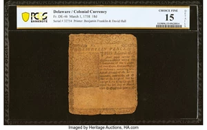 image for: Delaware March 1, 1758 18d PCGS Banknote Choice Fine 15 Details....