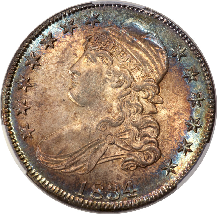 image for: 1834 50C Large Date, Small Letters, O-105, R.1, MS65+ CACG....