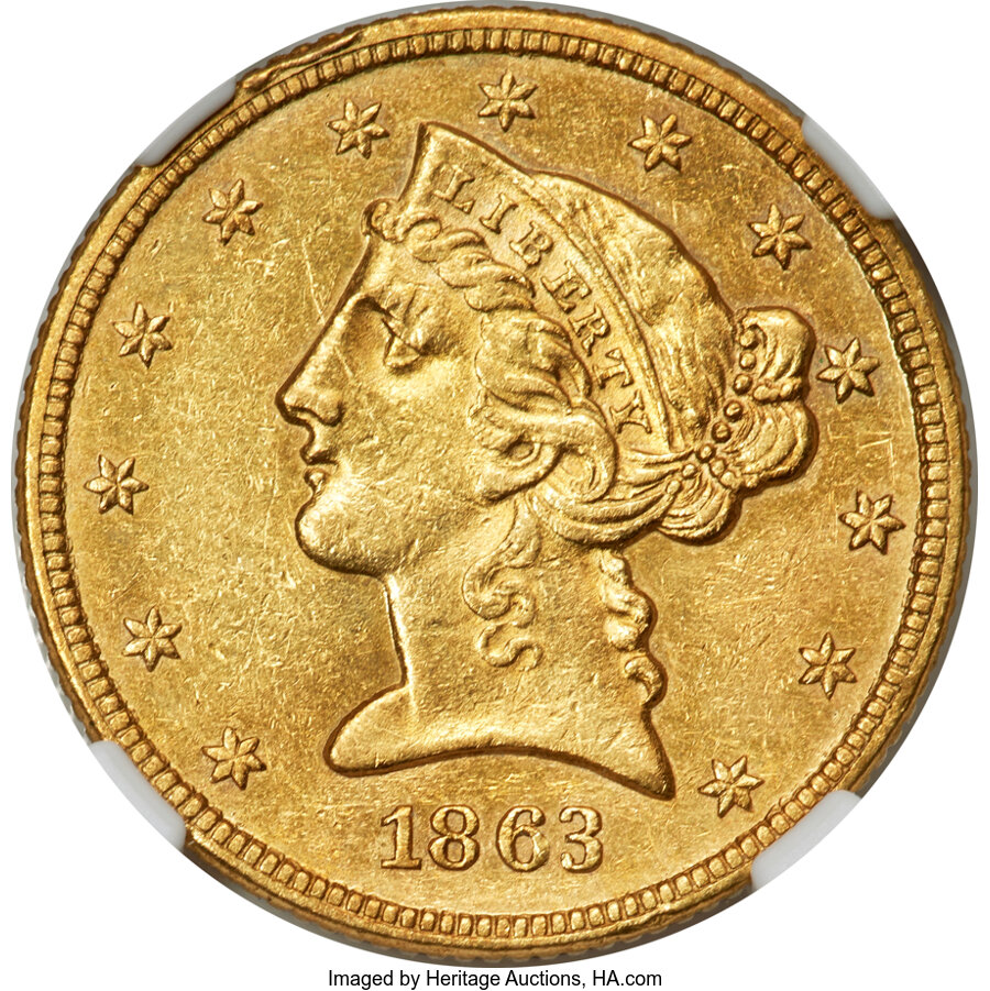 image for: 1863 $5 AU53 NGC....