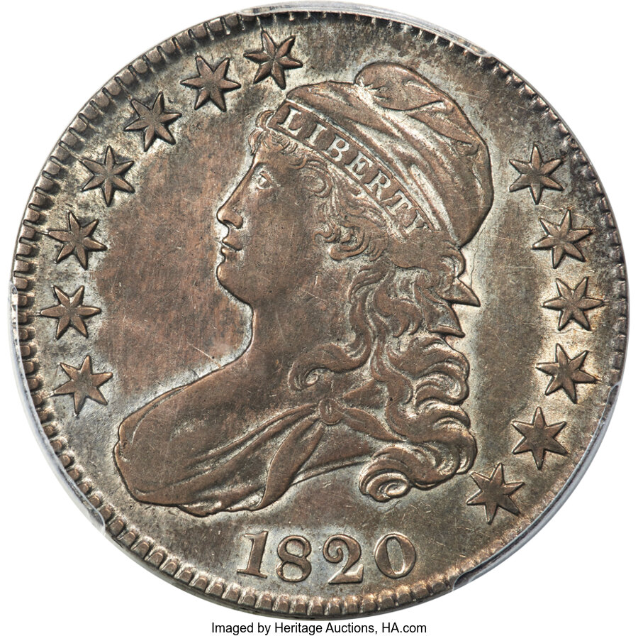 image for: 1820 50C No Serifs on E's, O-107, R.5, AU50 PCGS....