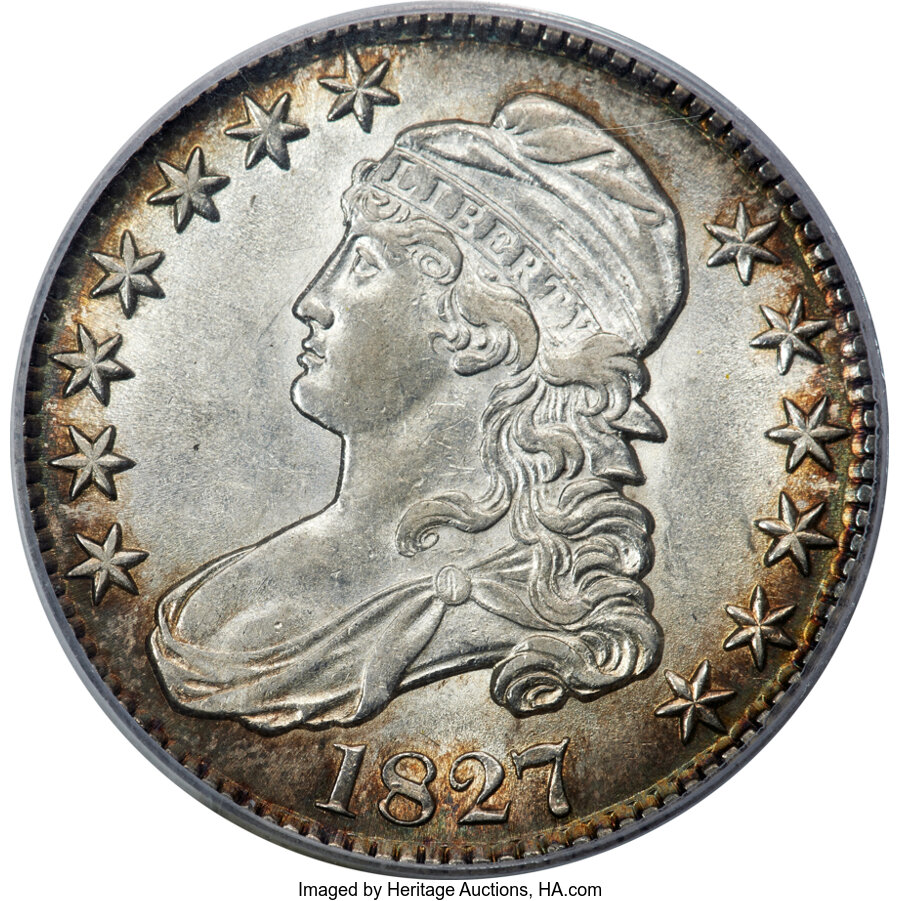 image for: 1827 50C Square Base 2, O-110, Low R.4, AU55 PCGS. CAC....