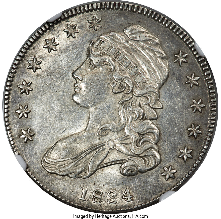 image for: 1834 50C Small Date, Small Letters, O-112, R.3, AU55 NGC. CAC....