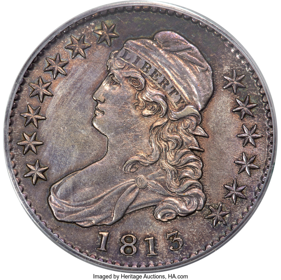image for: 1813 50C 50 C Over UNI, O-101, R.1, AU50 PCGS....