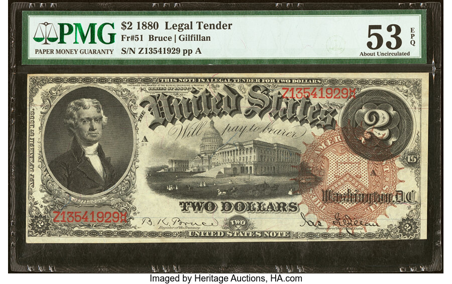 image for: Fr. 51 $2 1880 Legal Tender PMG About Uncirculated 53 EPQ....
