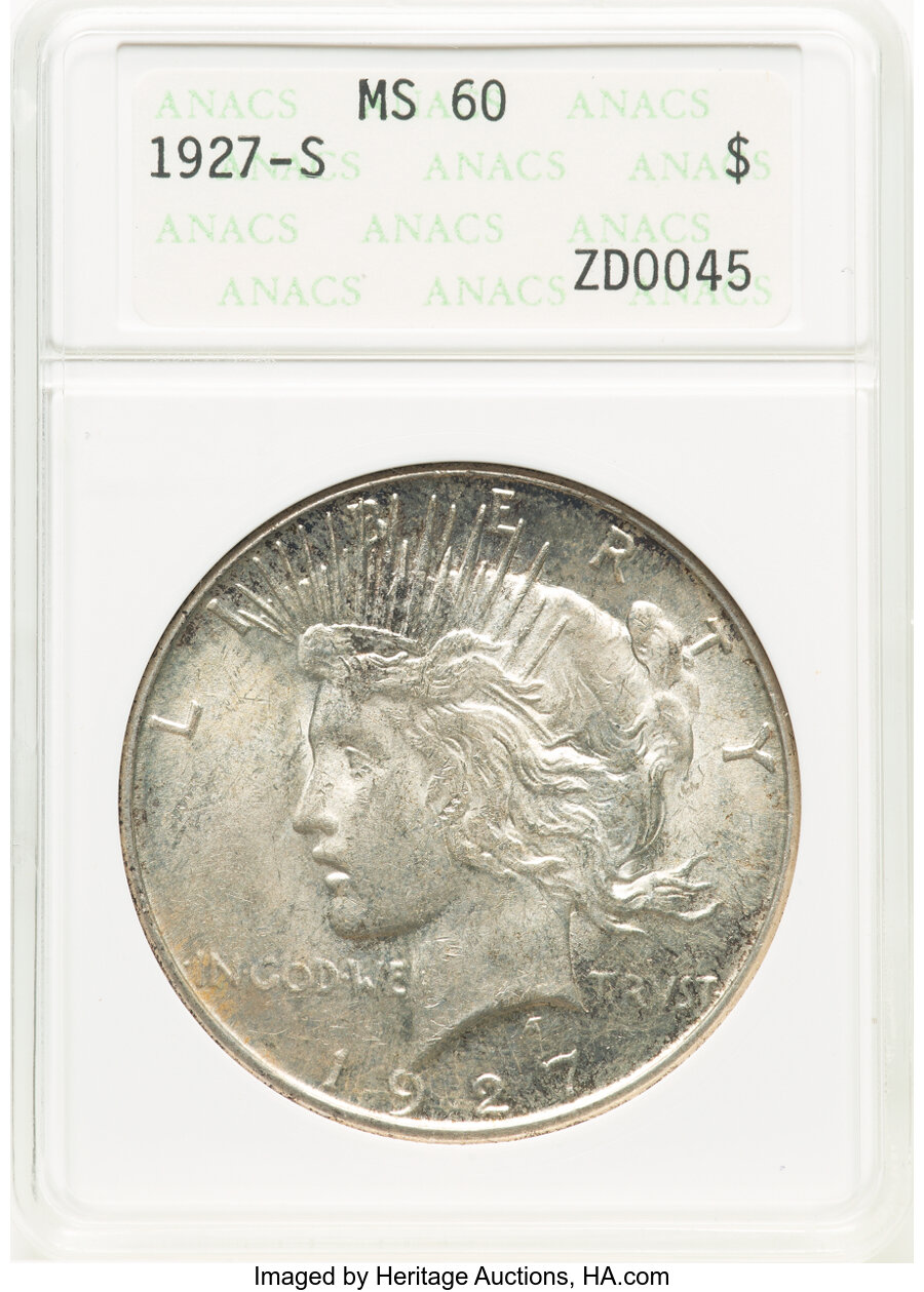 1927-S $1 MS60 ANACS. Mintage 866,000. ...