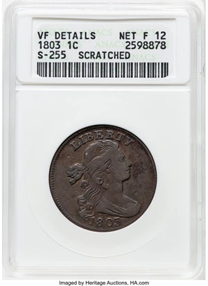 image for: 1803 1C Small Date, Small Fraction, S-255, B-14, R.1, -- Scratched -- ANACS VF Details, Net Fine 12....