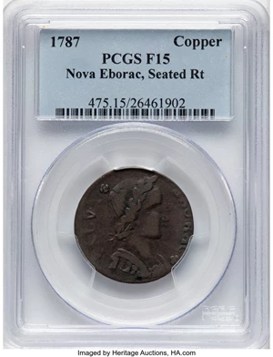 image for: 1787 Nova Eborac Copper, Seated Right, W-5760, R.4, Fine 15 PCGS. PCGS Population: (7/64)....