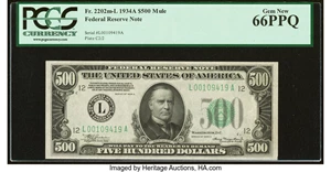 image for: Fr. 2202-L $500 1934A Mule Federal Reserve Note. PCGS Gem New 66PPQ....