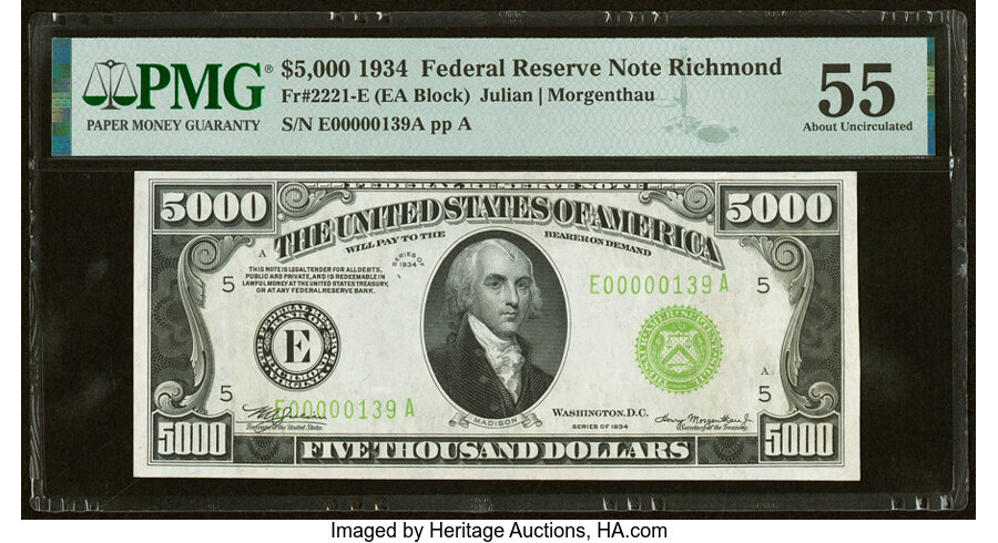 image for: Fr. 2221-E $5,000 1934 Federal Reserve Note. PMG About Uncirculated 55....