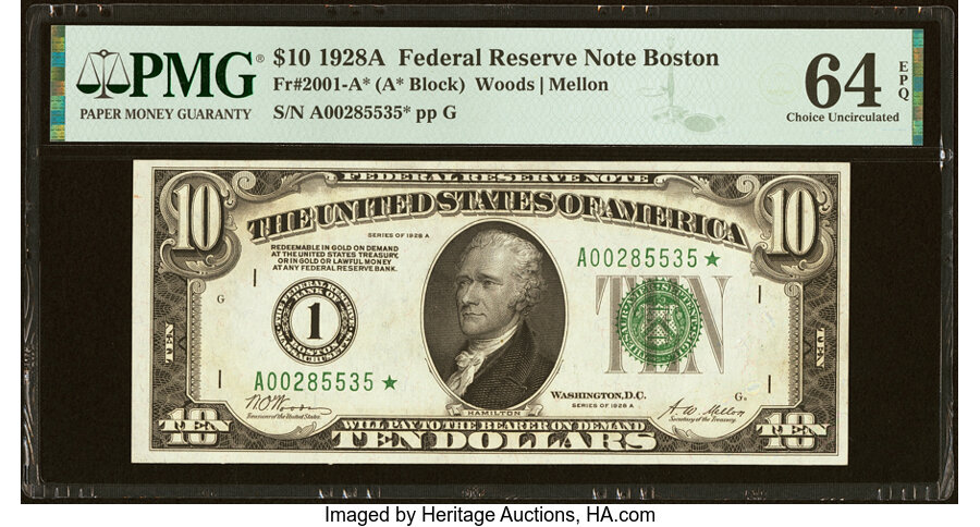 image for: Fr. 2001-A* $10 1928A Federal Reserve Star Note. PMG Choice Uncirculated 64 EPQ....