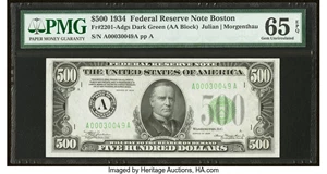 image for: Fr. 2201-A $500 1934 Federal Reserve Note. PMG Gem Uncirculated 65 EPQ....