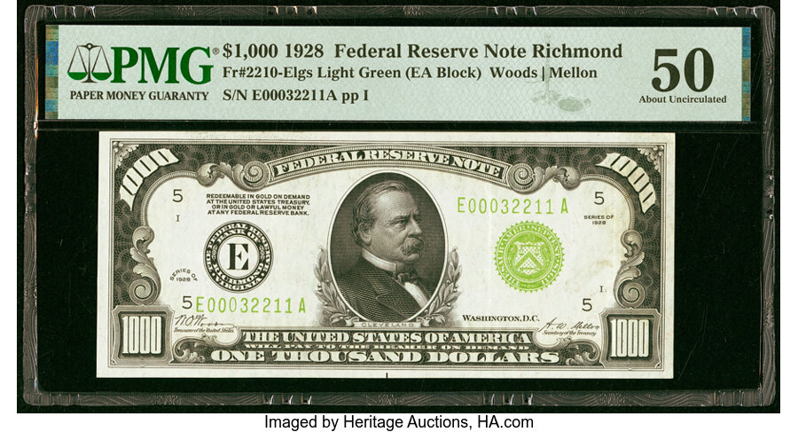 image for: Fr. 2210-E $1,000 1928 Light Green Seal Federal Reserve Note. PMG About Uncirculated 50....