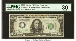 image for: Fr. 2202-L* $500 1934A Federal Reserve Star Note. PMG Very Fine 30....