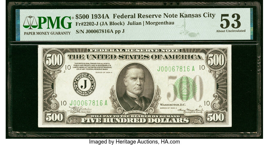 image for: Fr. 2202-J $500 1934A Federal Reserve Note. PMG About Uncirculated 53....