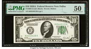 image for: Fr. 2001-K $10 1928A Federal Reserve Note. PMG About Uncirculated 50....