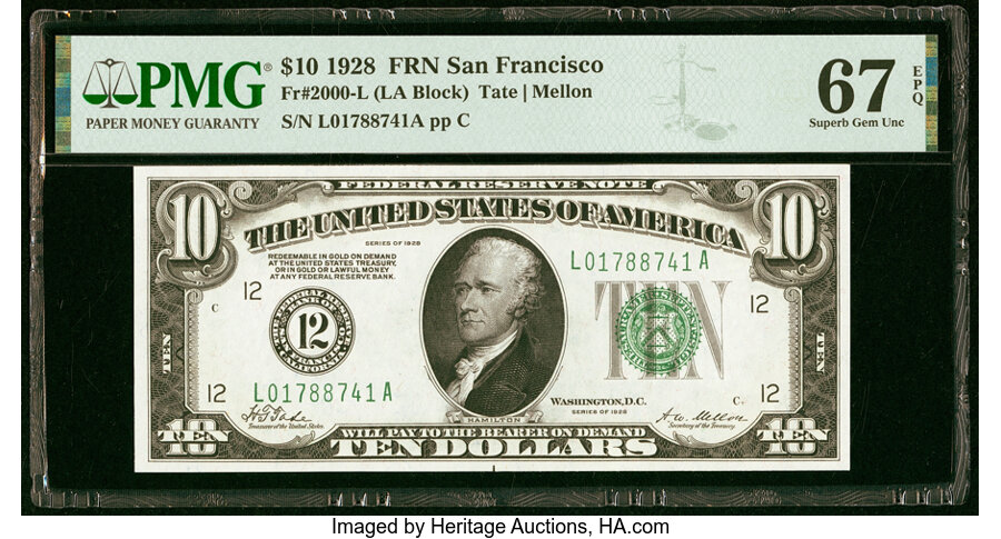 image for: Fr. 2000-L $10 1928 Federal Reserve Note. PMG Superb Gem Unc 67 EPQ....