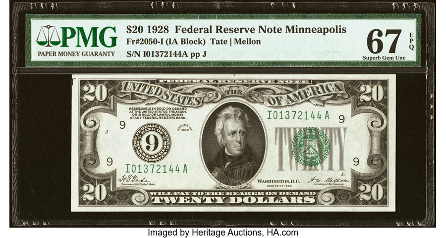 image for: Fr. 2050-I $20 1928 Federal Reserve Note. PMG Superb Gem Unc 67 EPQ....