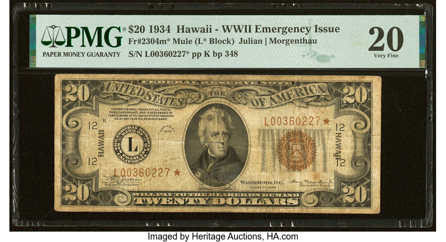 image for: Fr. 2304* $20 1934 Mule Hawaii Federal Reserve Star Note. PMG Very Fine 20....