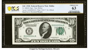 image for: Low Serial Number 44 Fr. 2000-K $10 1928 Federal Reserve Note. PCGS Banknote Choice Unc 63....