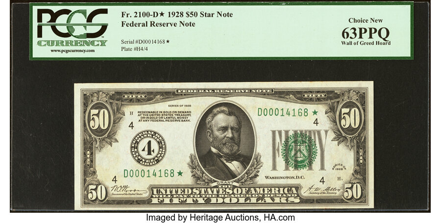 image for: Fr. 2100-D* $50 1928 Federal Reserve Star Note. PCGS Choice New 63PPQ....