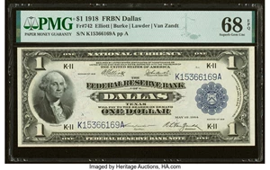 image for: Fr. 742 $1 1918 Federal Reserve Bank Note PMG Superb Gem Unc 68 EPQ....