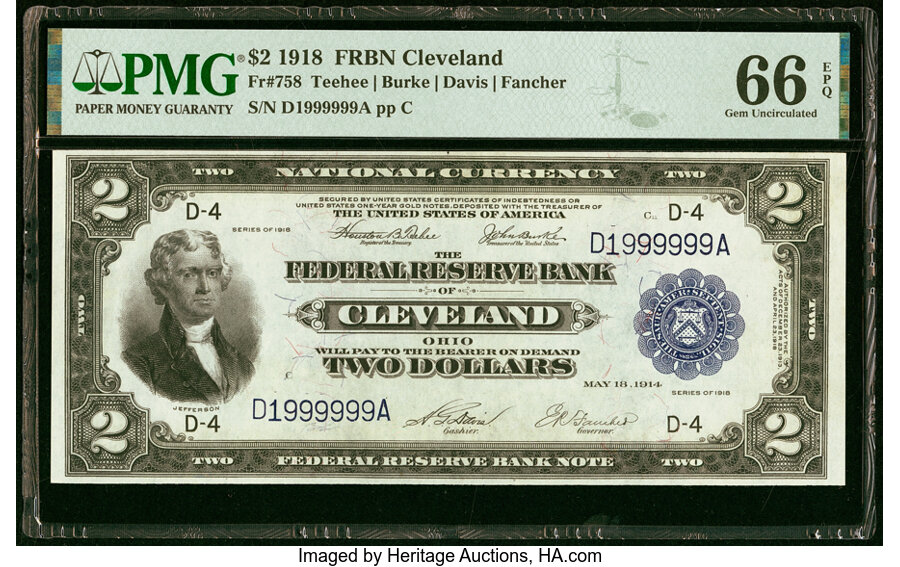 image for: Fancy Serial 1999999 Fr. 758 $2 1918 Federal Reserve Bank Note PMG Gem Uncirculated 66 EPQ....