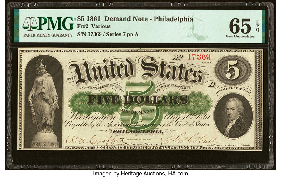 image for: Fr. 2 $5 1861 Demand Note PMG Gem Uncirculated 65 EPQ....