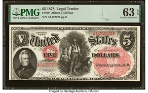 image for: Fr. 69 $5 1878 Legal Tender PMG Choice Uncirculated 63 EPQ....