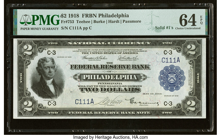 image for: Low Solid Serial Number C111A Fr. 753 $2 1918 Federal Reserve Bank Note PMG Choice Uncirculated 64 EPQ....