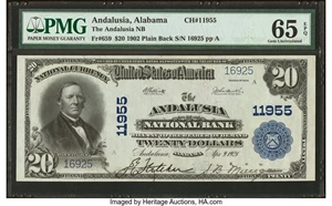 image for: Andalusia, AL - $20 1902 Plain Back Fr. 659 The Andalusia National Bank Ch. # 11955 PMG Gem Uncirculated 65 EPQ....