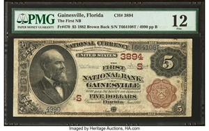 image for: Gainesville, FL - $5 1882 Brown Back Fr. 470 The First National Bank Ch. # (S)3894 PMG Fine 12....