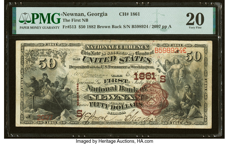 image for: Newnan, GA - $50 1882 Brown Back Fr. 513 The First National Bank Ch. # (S)1861 PMG Very Fine 20....