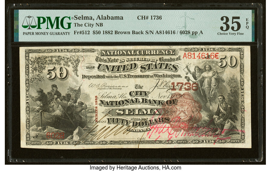 image for: Selma, AL - $50 1882 Brown Back Fr. 512 The City National Bank Ch. # 1736 PMG Choice Very Fine 35 EPQ....