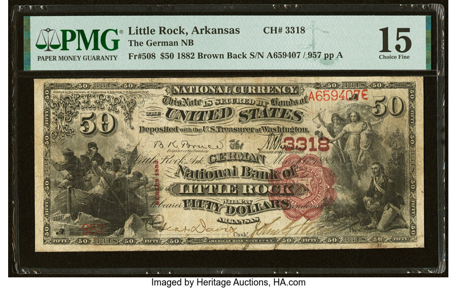 image for: Little Rock, AR - $50 1882 Brown Back Fr. 508 The German National Bank Ch. # 3318 PMG Choice Fine 15....