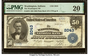 image for: Washington, IN - $50 1902 Plain Back Fr. 679 The Washington National Bank Ch. # 2043 PMG Very Fine 20....