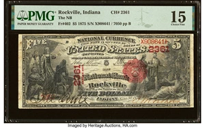 image for: Rockville, IN - $5 1875 Fr. 402 The National Bank of Rockville Ch. # 2361 PMG Choice Fine 15....
