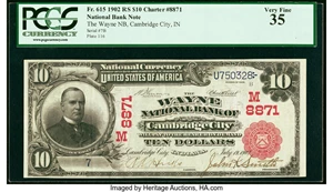 image for: Cambridge City, IN - $10 1902 Red Seal Fr. 615 The Wayne National Bank Ch. # (M)8871 PCGS Very Fine 35....