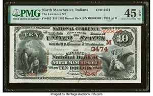 image for: North Manchester, IN - $10 1882 Brown Back Fr. 482 The Lawrence National Bank Ch. # (M)3474 PMG Choice Extremely Fine 45 EPQ....