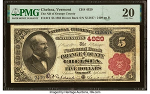 image for: Chelsea, VT - $5 1882 Brown Back Fr. 474 The National Bank of Orange County Ch. # 4929 PMG Very Fine 20....